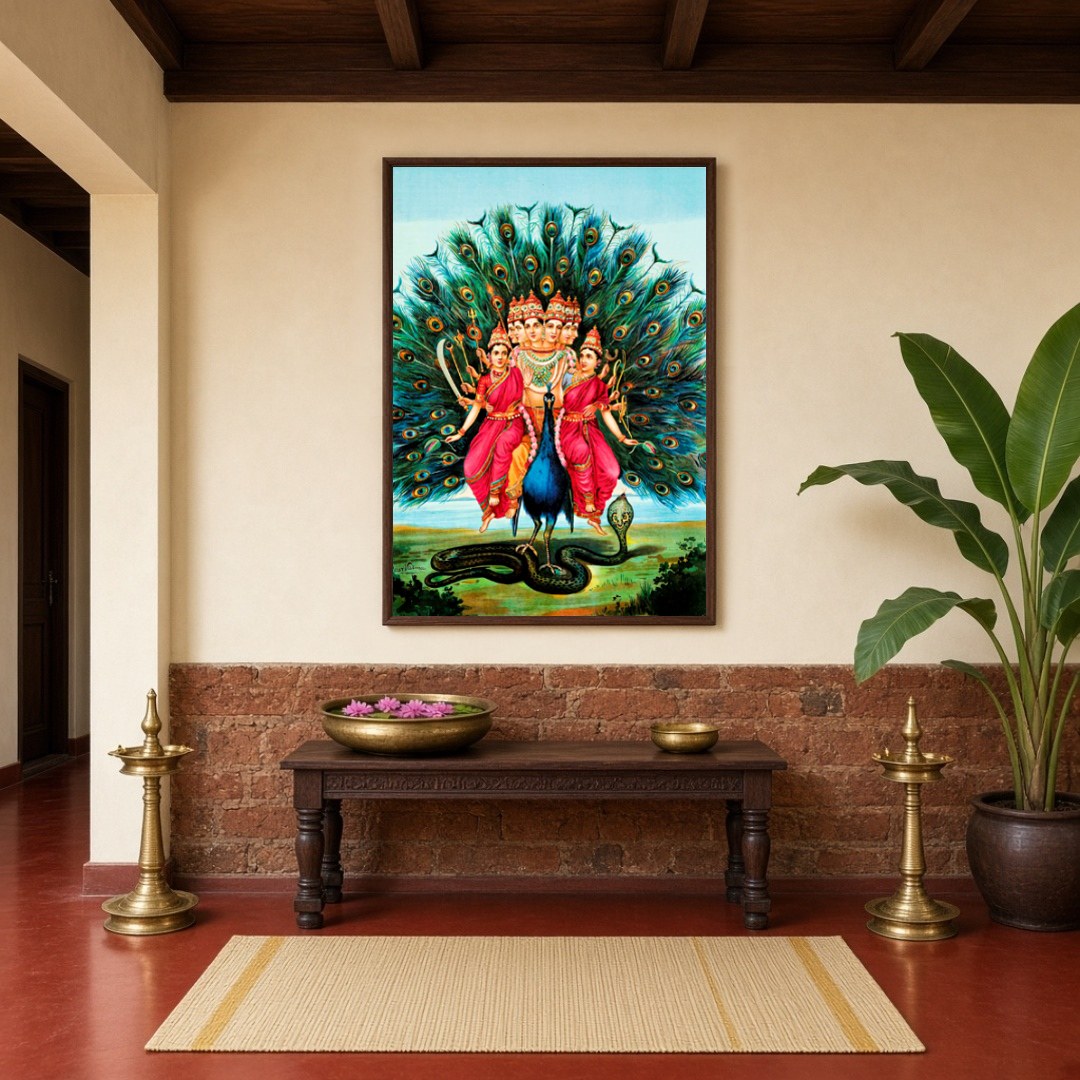 Evoke a sense of spiritual grace with this captivating depiction of Lord Murugan. Surrounded by for Hallway
