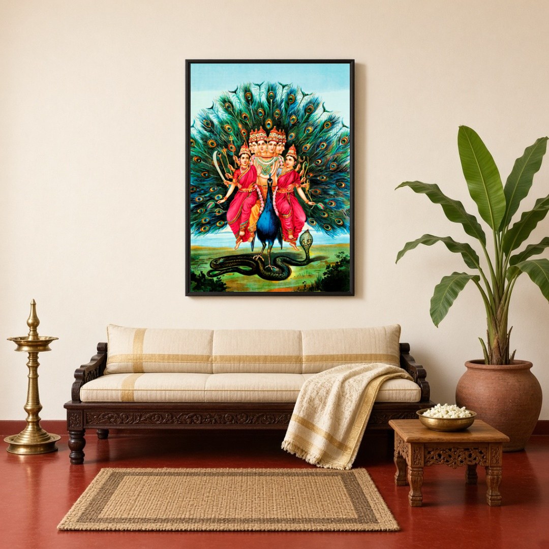 Evoke a sense of spiritual grace with this captivating depiction of Lord Murugan. Surrounded by for Living Room