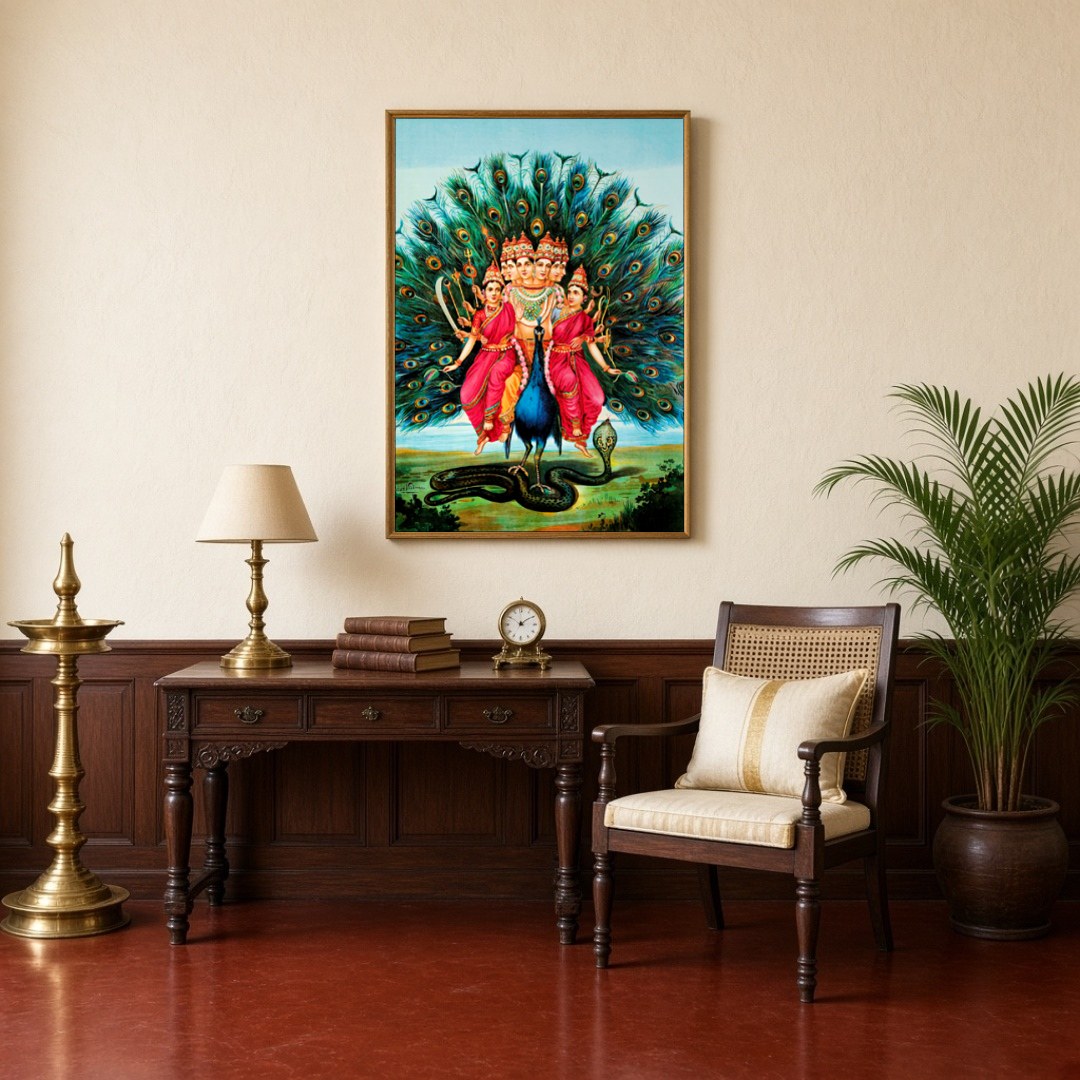 Evoke a sense of spiritual grace with this captivating depiction of Lord Murugan. Surrounded by for Study