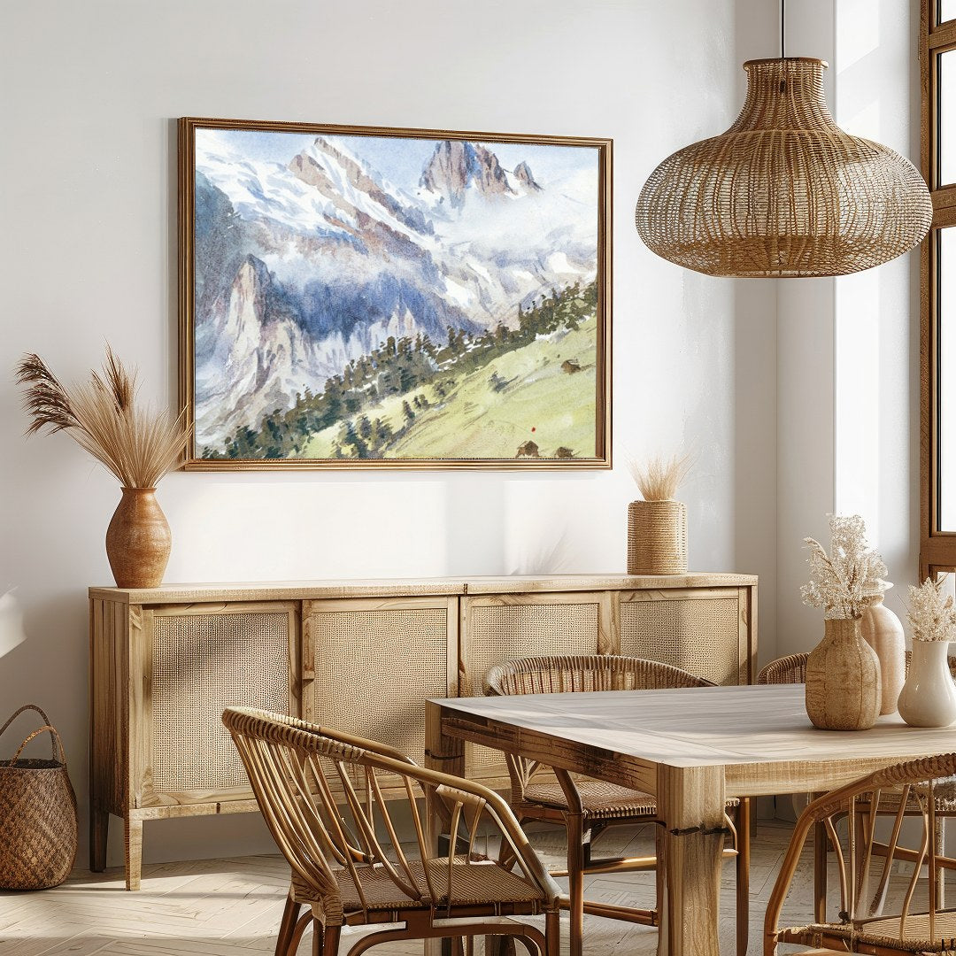 This exquisite watercolor captures the serene beauty of an alpine landscape, with towering for Dining
