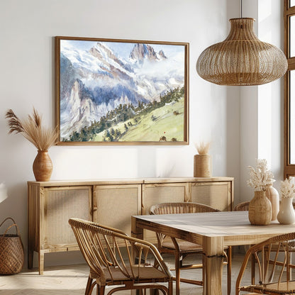 This exquisite watercolor captures the serene beauty of an alpine landscape, with towering for Dining