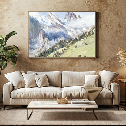 This exquisite watercolor captures the serene beauty of an alpine landscape, with towering for Family Room