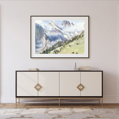 This exquisite watercolor captures the serene beauty of an alpine landscape, with towering for Foyer