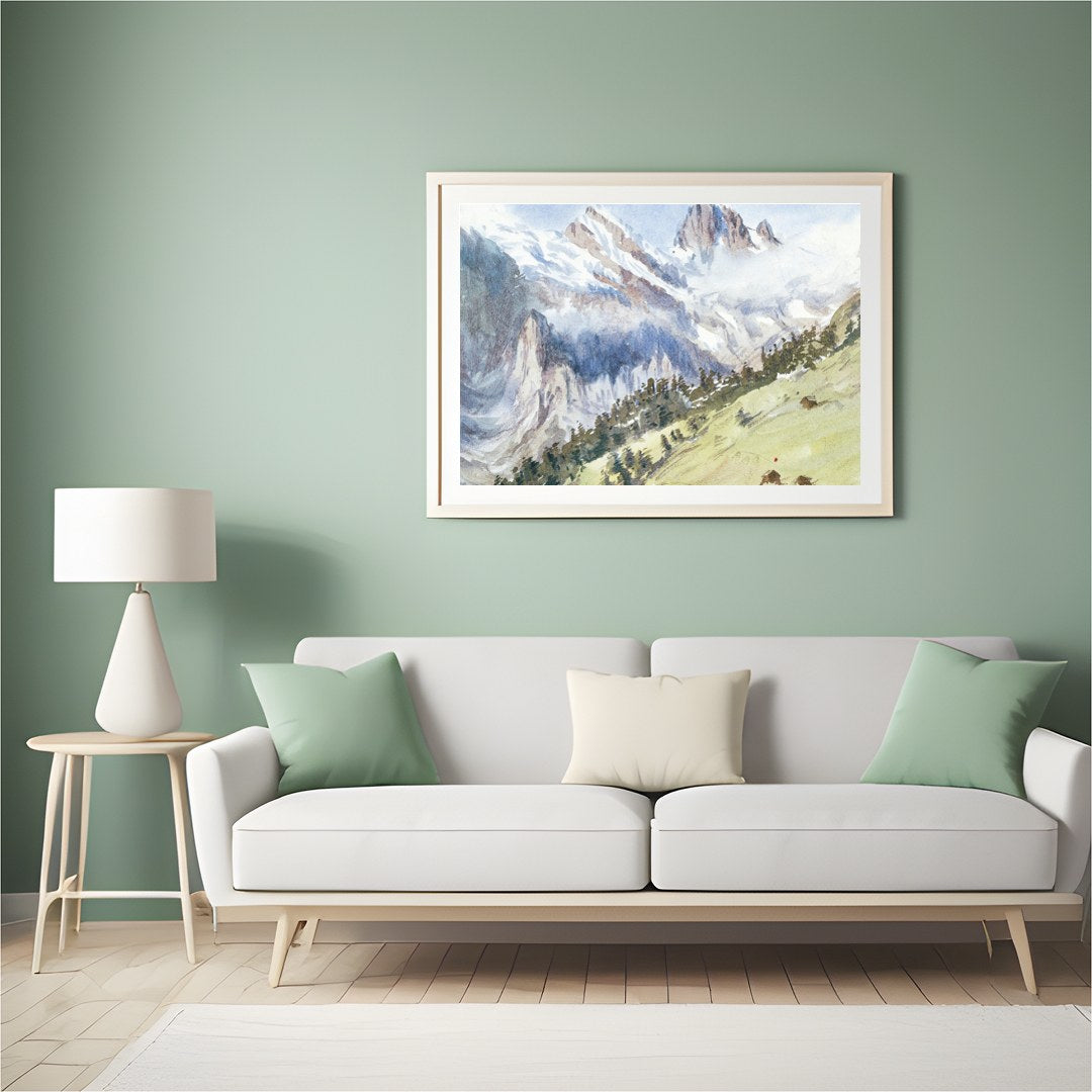 This exquisite watercolor captures the serene beauty of an alpine landscape, with towering for Hall