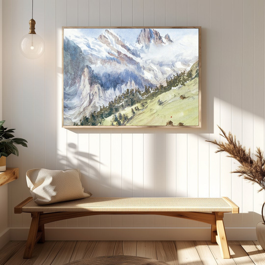 This exquisite watercolor captures the serene beauty of an alpine landscape, with towering for Hallway