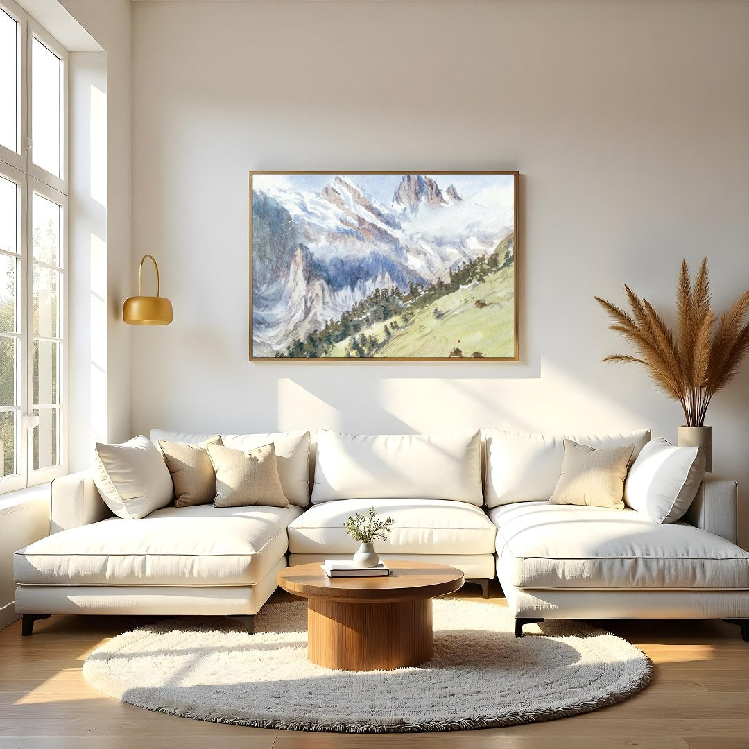 This exquisite watercolor captures the serene beauty of an alpine landscape, with towering for Living Room
