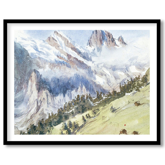 This exquisite watercolor captures the serene beauty of an alpine landscape, with towering for place