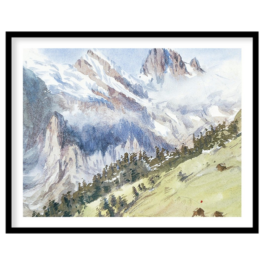 This exquisite watercolor captures the serene beauty of an alpine landscape, with towering for place