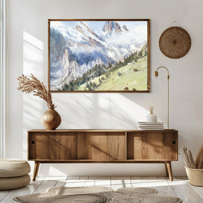 This exquisite watercolor captures the serene beauty of an alpine landscape, with towering for Sitting Area
