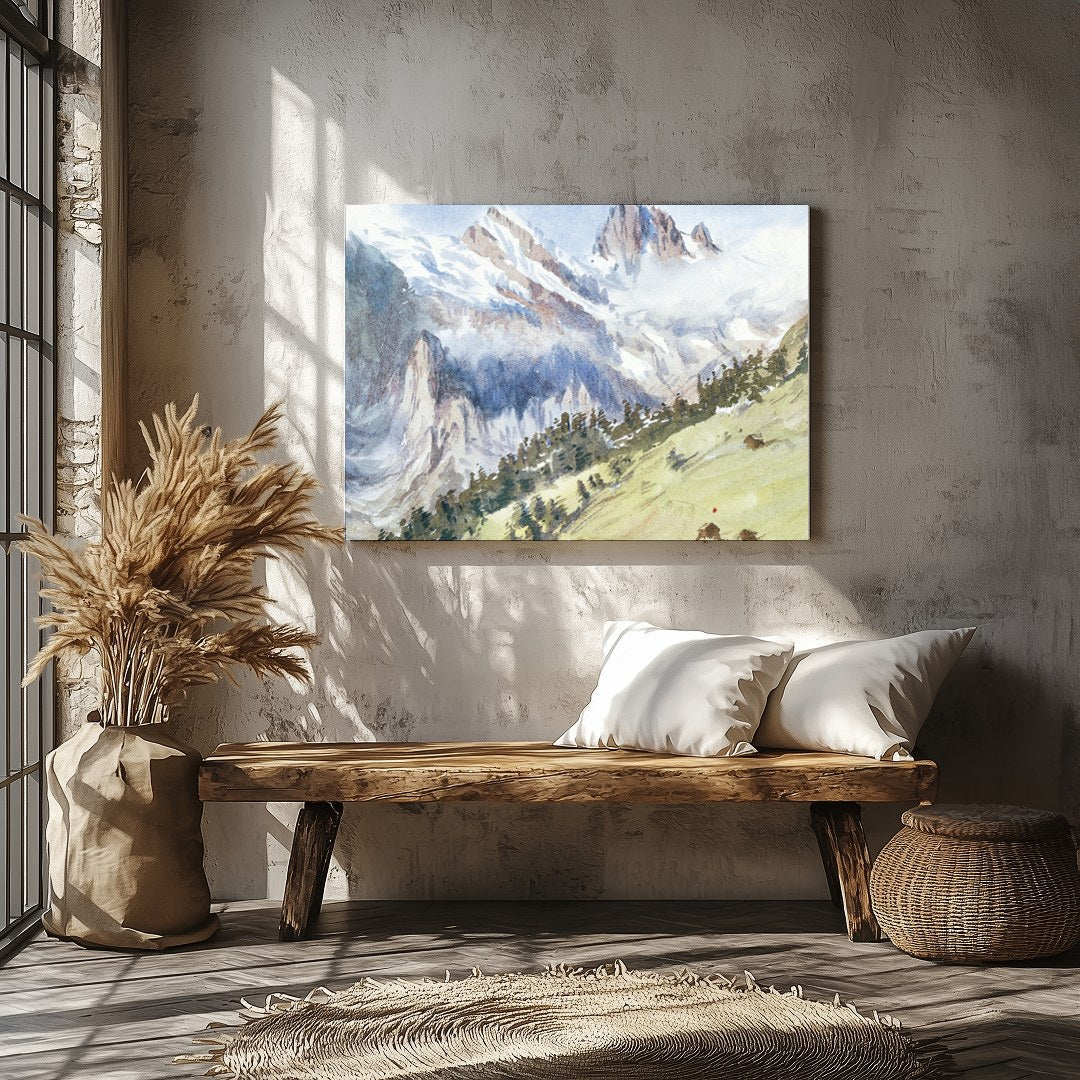 This exquisite watercolor captures the serene beauty of an alpine landscape, with towering for Veranda