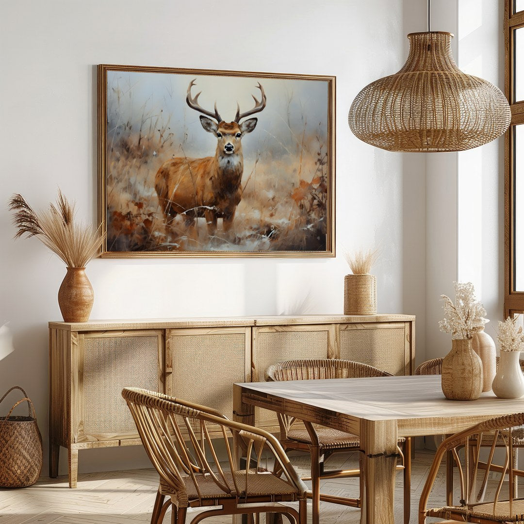 Capture the serene beauty of nature with this exquisite artwork featuring a majestic deer standing for Dining