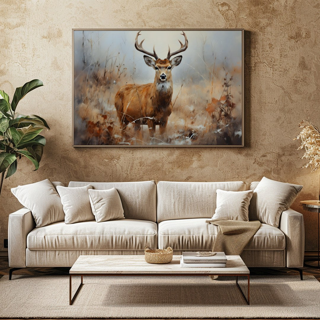 Capture the serene beauty of nature with this exquisite artwork featuring a majestic deer standing for Family Room