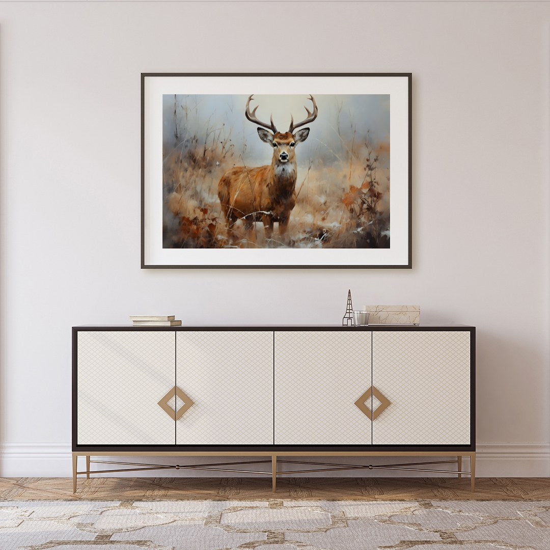 Capture the serene beauty of nature with this exquisite artwork featuring a majestic deer standing for Foyer