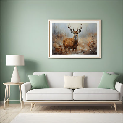 Capture the serene beauty of nature with this exquisite artwork featuring a majestic deer standing for Hall