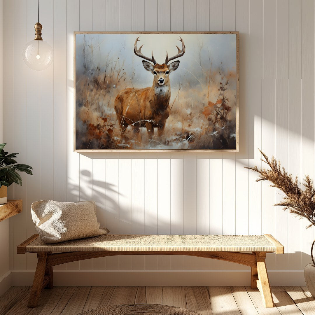 Capture the serene beauty of nature with this exquisite artwork featuring a majestic deer standing for Hallway