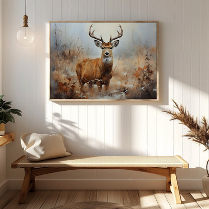 Capture the serene beauty of nature with this exquisite artwork featuring a majestic deer standing for Hallway
