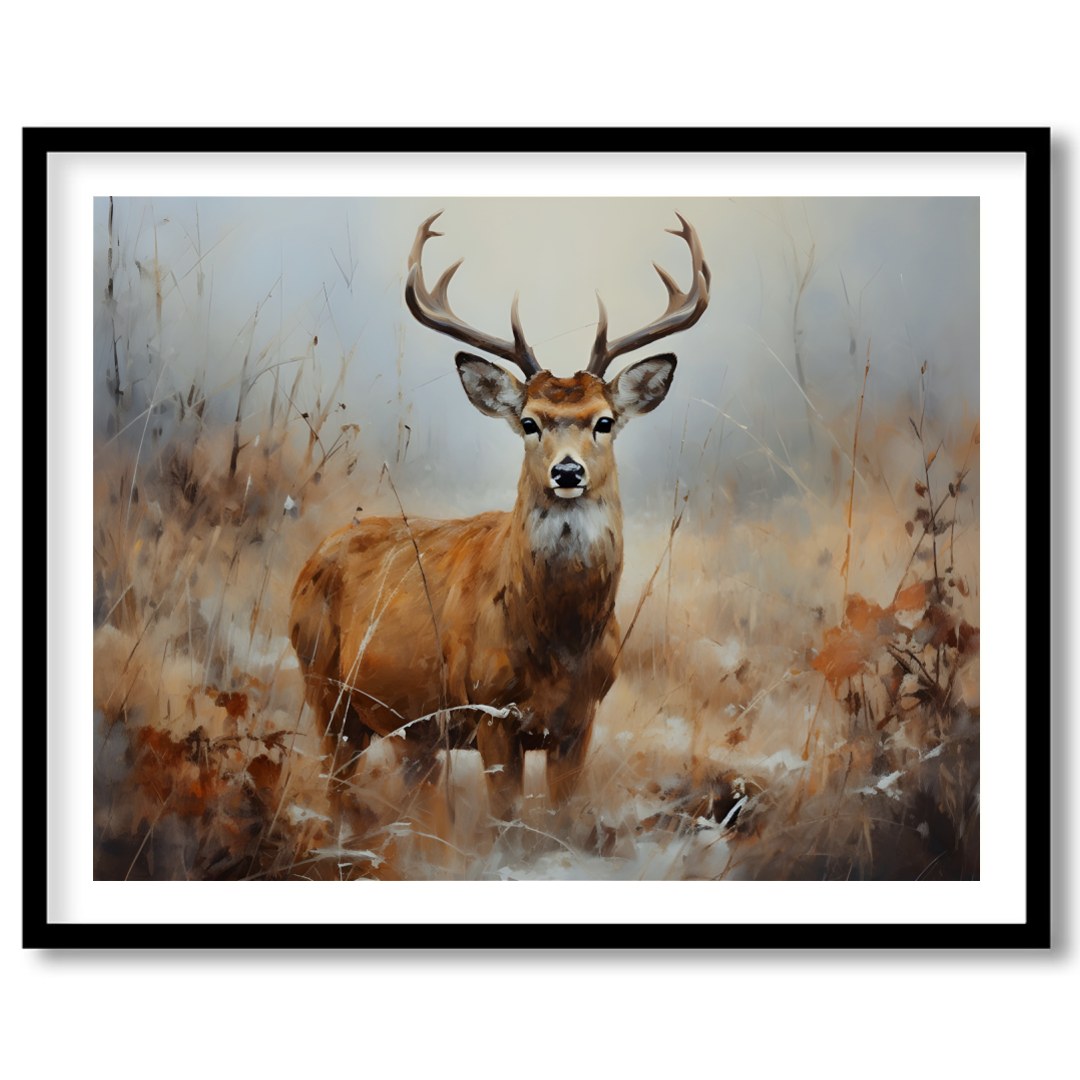 Capture the serene beauty of nature with this exquisite artwork featuring a majestic deer standing for haven