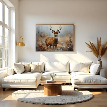 Capture the serene beauty of nature with this exquisite artwork featuring a majestic deer standing for Living Room