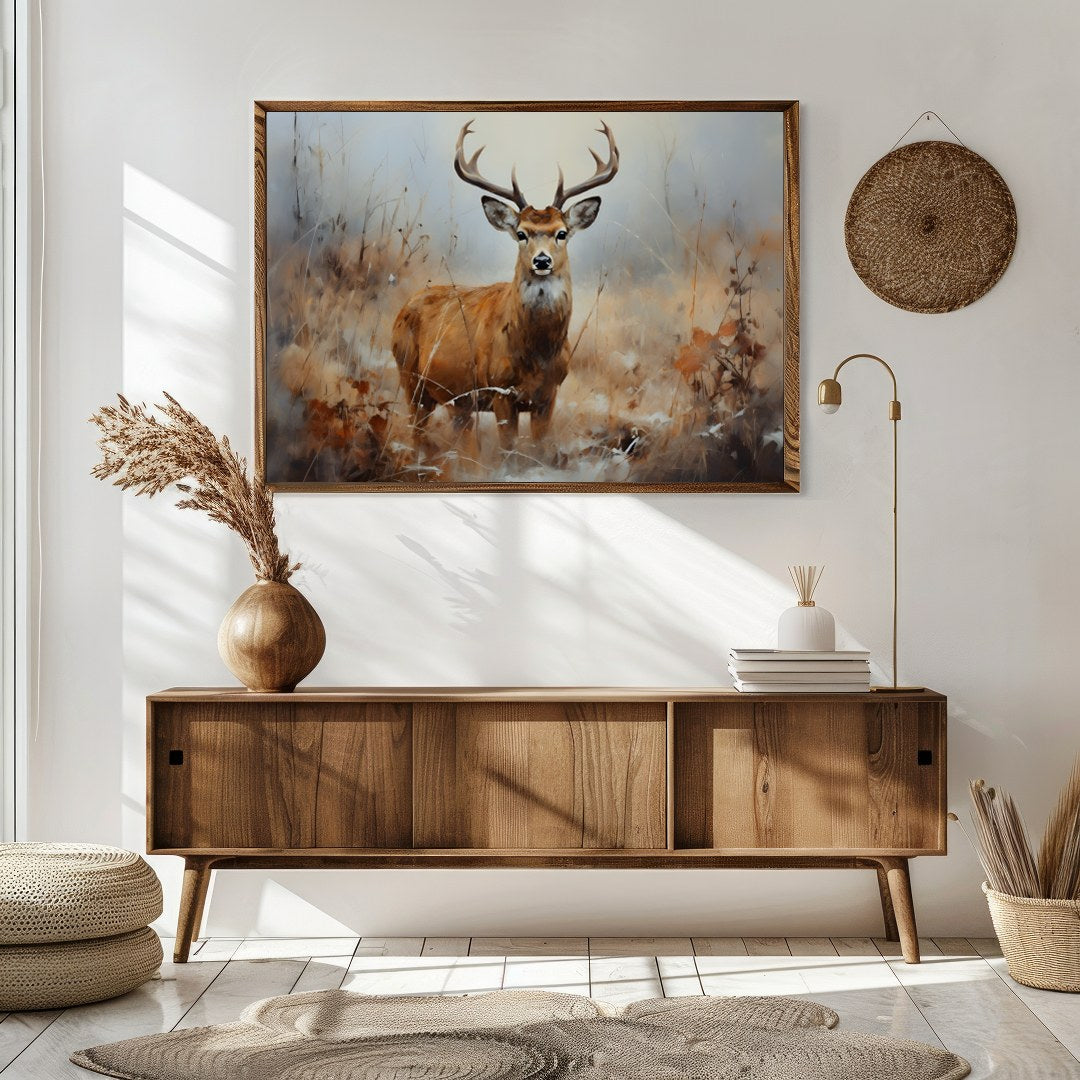 Capture the serene beauty of nature with this exquisite artwork featuring a majestic deer standing for Sitting Area