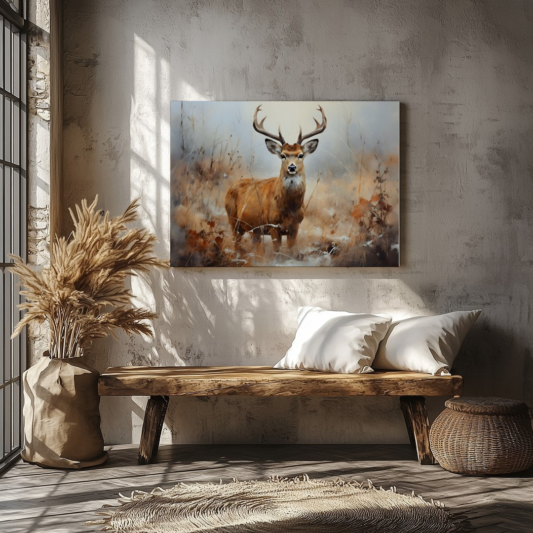 Capture the serene beauty of nature with this exquisite artwork featuring a majestic deer standing for Veranda