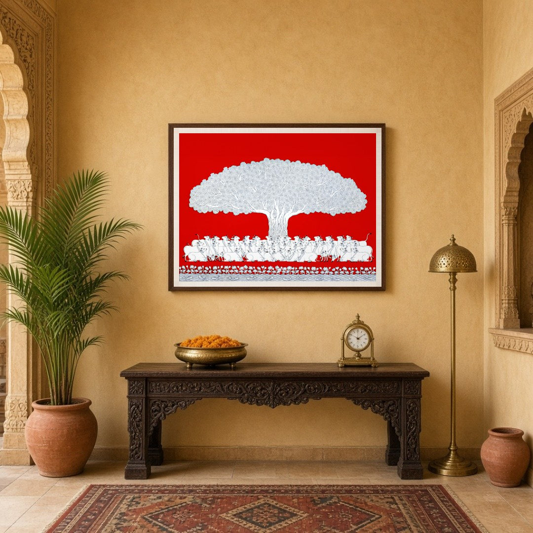 Immerse yourself in the vibrant elegance of this Pichwai art depicting the sacred Tree of Life. for Entrance