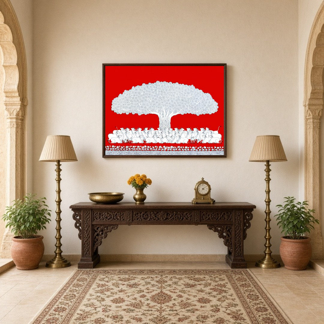 Immerse yourself in the vibrant elegance of this Pichwai art depicting the sacred Tree of Life. for Hallway