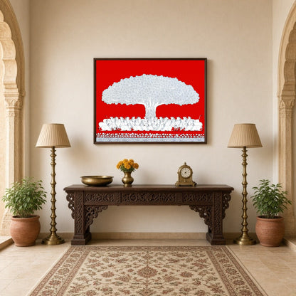 Immerse yourself in the vibrant elegance of this Pichwai art depicting the sacred Tree of Life. for Hallway
