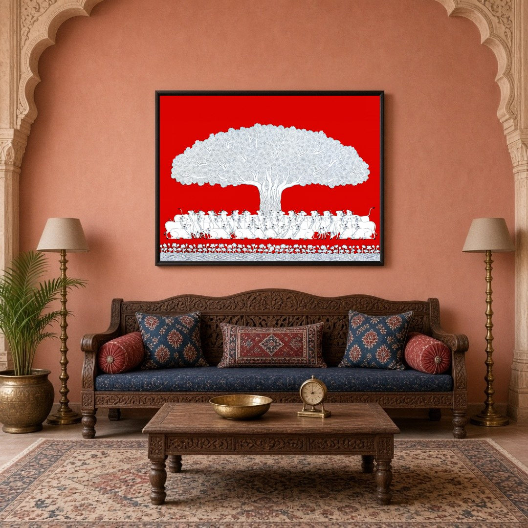 Immerse yourself in the vibrant elegance of this Pichwai art depicting the sacred Tree of Life. for Living Room
