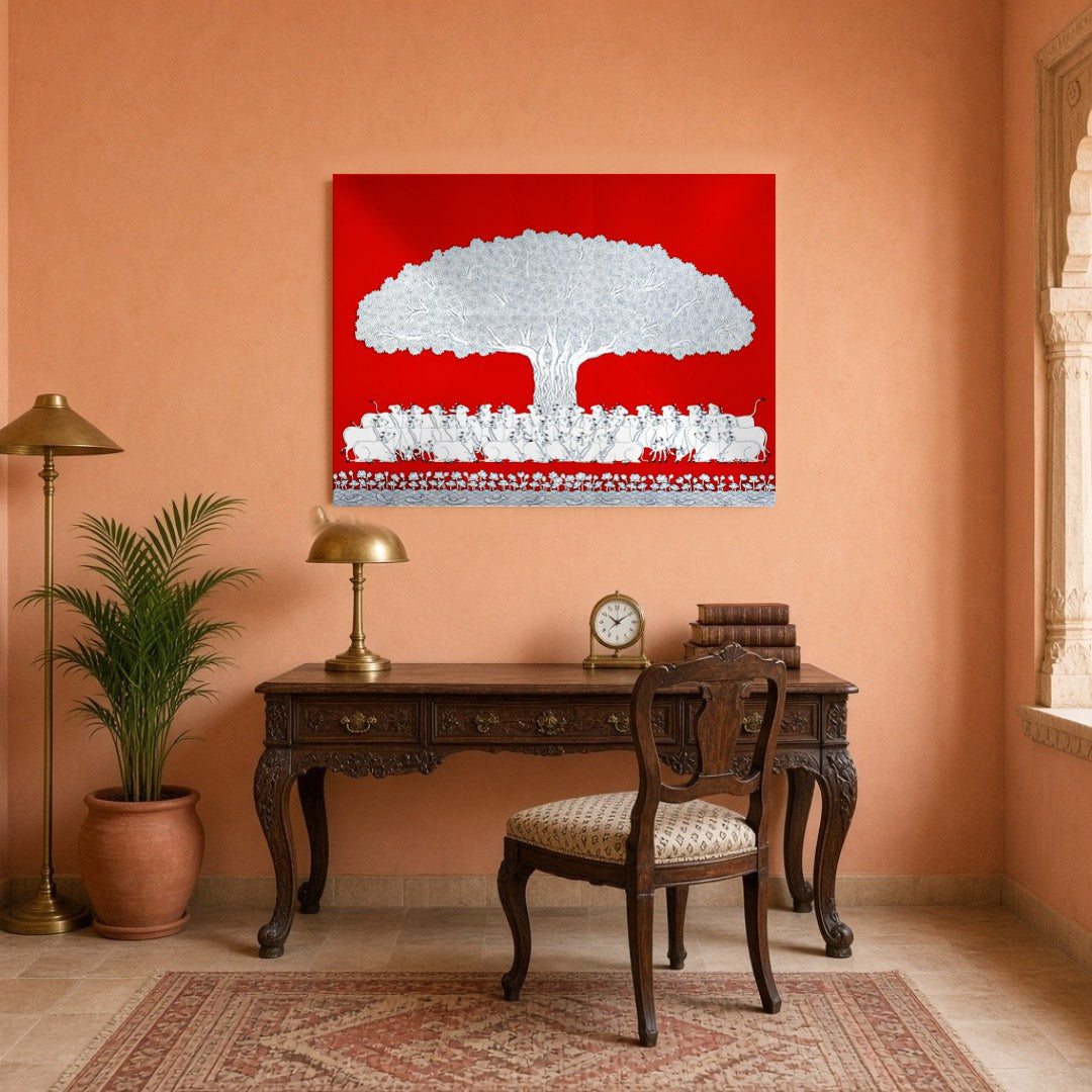 Immerse yourself in the vibrant elegance of this Pichwai art depicting the sacred Tree of Life. for Study