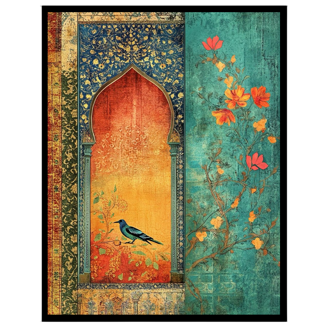 This exquisite artwork showcases a vibrant bluebird perched within an ornately detailed Mughal for decor