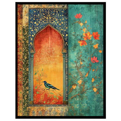 This exquisite artwork showcases a vibrant bluebird perched within an ornately detailed Mughal for decor