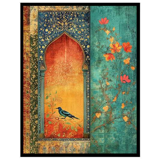 This exquisite artwork showcases a vibrant bluebird perched within an ornately detailed Mughal for decor