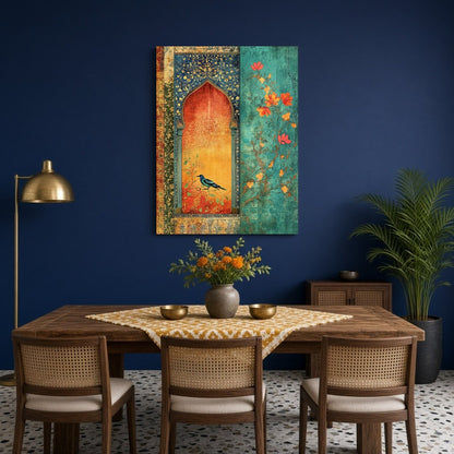 This exquisite artwork showcases a vibrant bluebird perched within an ornately detailed Mughal for Dining