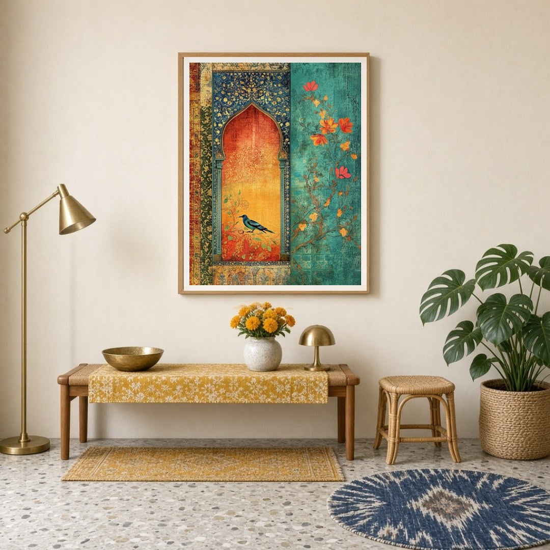 This exquisite artwork showcases a vibrant bluebird perched within an ornately detailed Mughal for Entrance