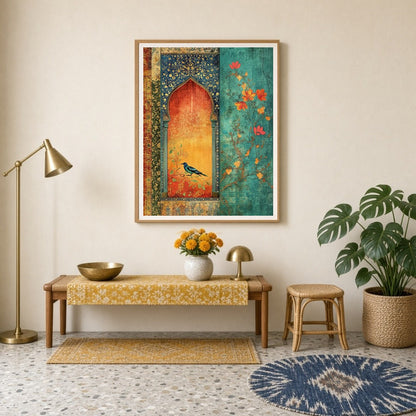 This exquisite artwork showcases a vibrant bluebird perched within an ornately detailed Mughal for Entrance