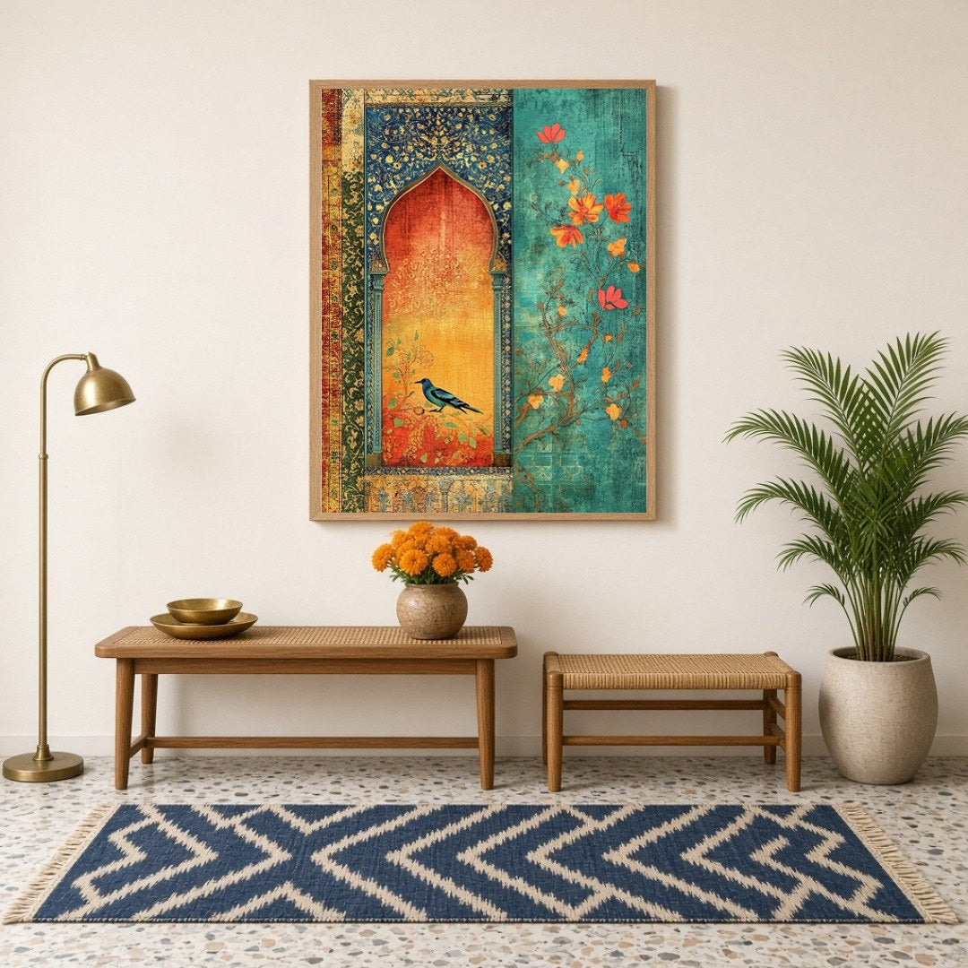This exquisite artwork showcases a vibrant bluebird perched within an ornately detailed Mughal for Hallway