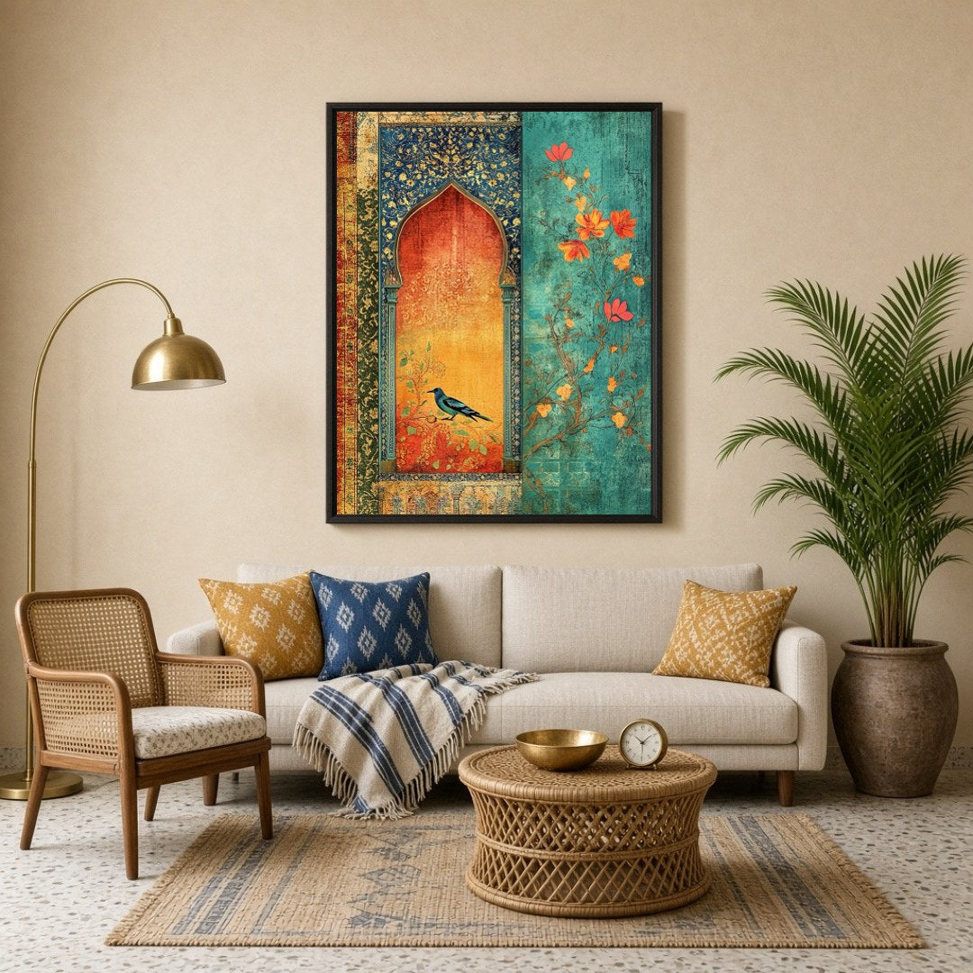 This exquisite artwork showcases a vibrant bluebird perched within an ornately detailed Mughal for Living Room