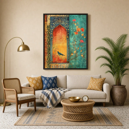 This exquisite artwork showcases a vibrant bluebird perched within an ornately detailed Mughal for Living Room