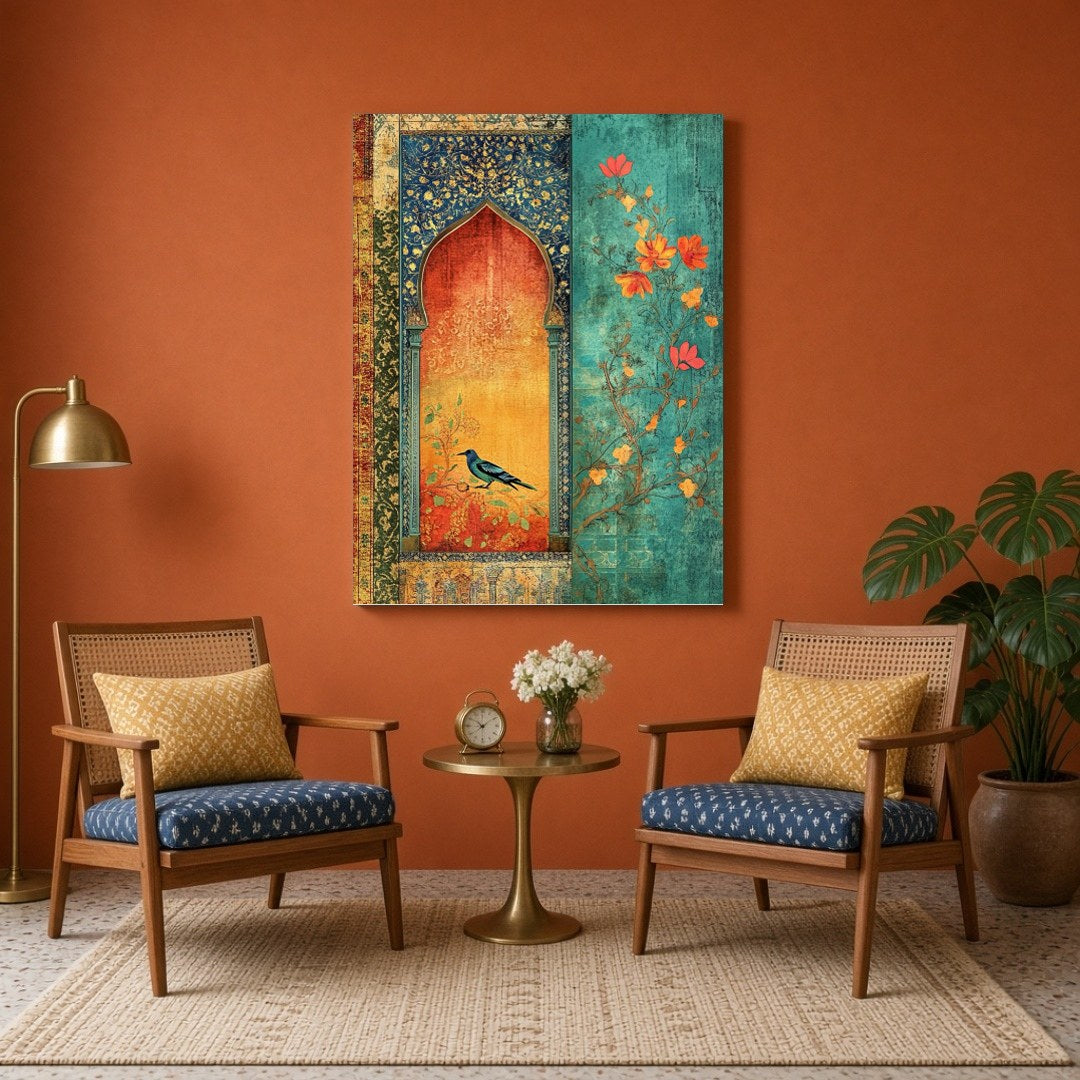 This exquisite artwork showcases a vibrant bluebird perched within an ornately detailed Mughal for Sitting Area