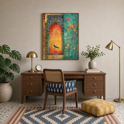 This exquisite artwork showcases a vibrant bluebird perched within an ornately detailed Mughal for Study