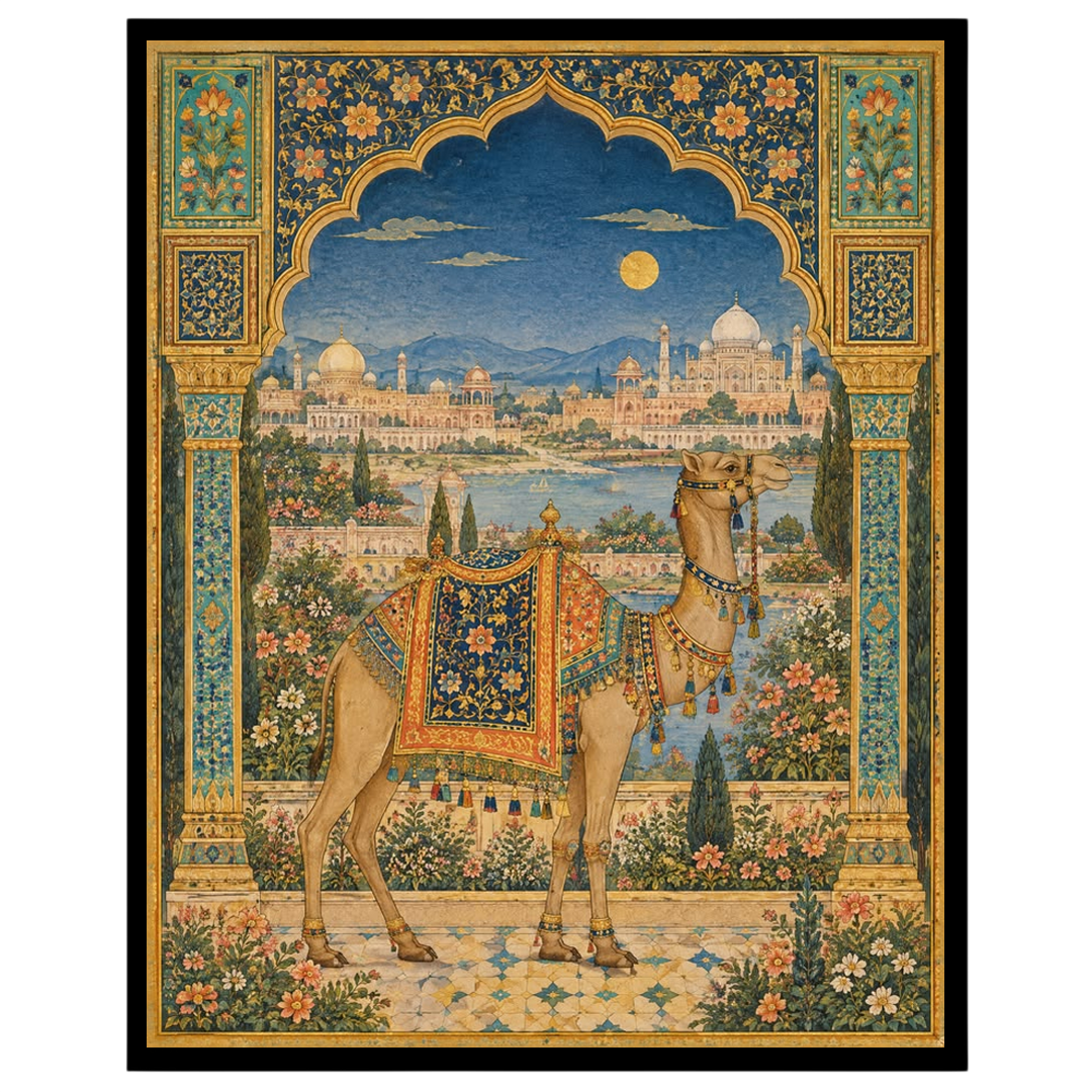 This exquisite Indian Miniature Art Print captures a regal camel adorned with a richly detailed for bedroom