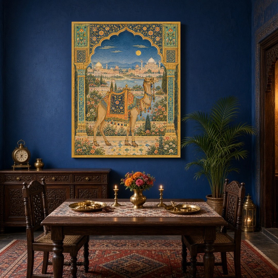 This exquisite Indian Miniature Art Print captures a regal camel adorned with a richly detailed for Dining