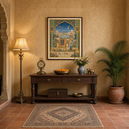 This exquisite Indian Miniature Art Print captures a regal camel adorned with a richly detailed for Entrance