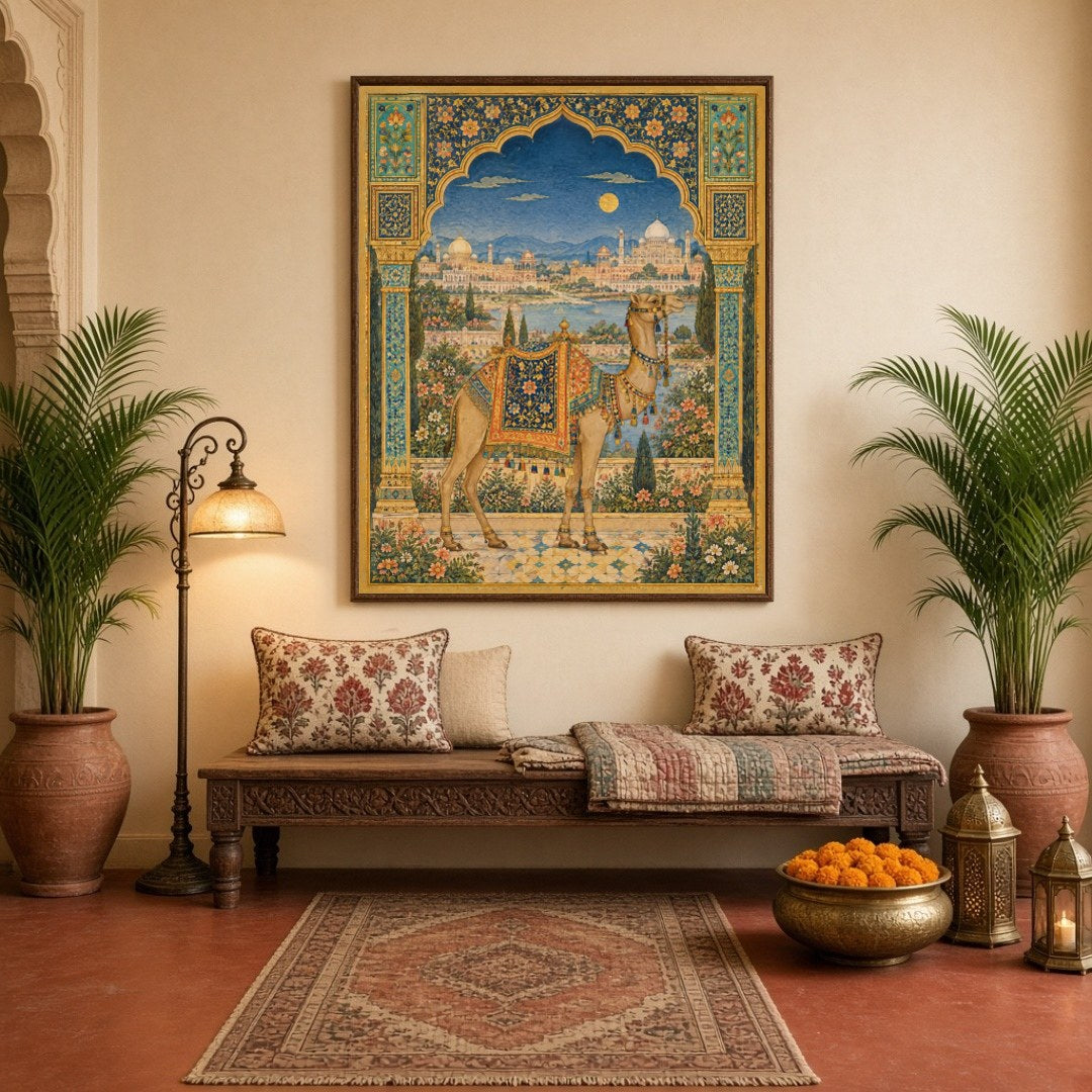 This exquisite Indian Miniature Art Print captures a regal camel adorned with a richly detailed for Hallway