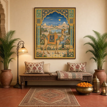 This exquisite Indian Miniature Art Print captures a regal camel adorned with a richly detailed for Hallway