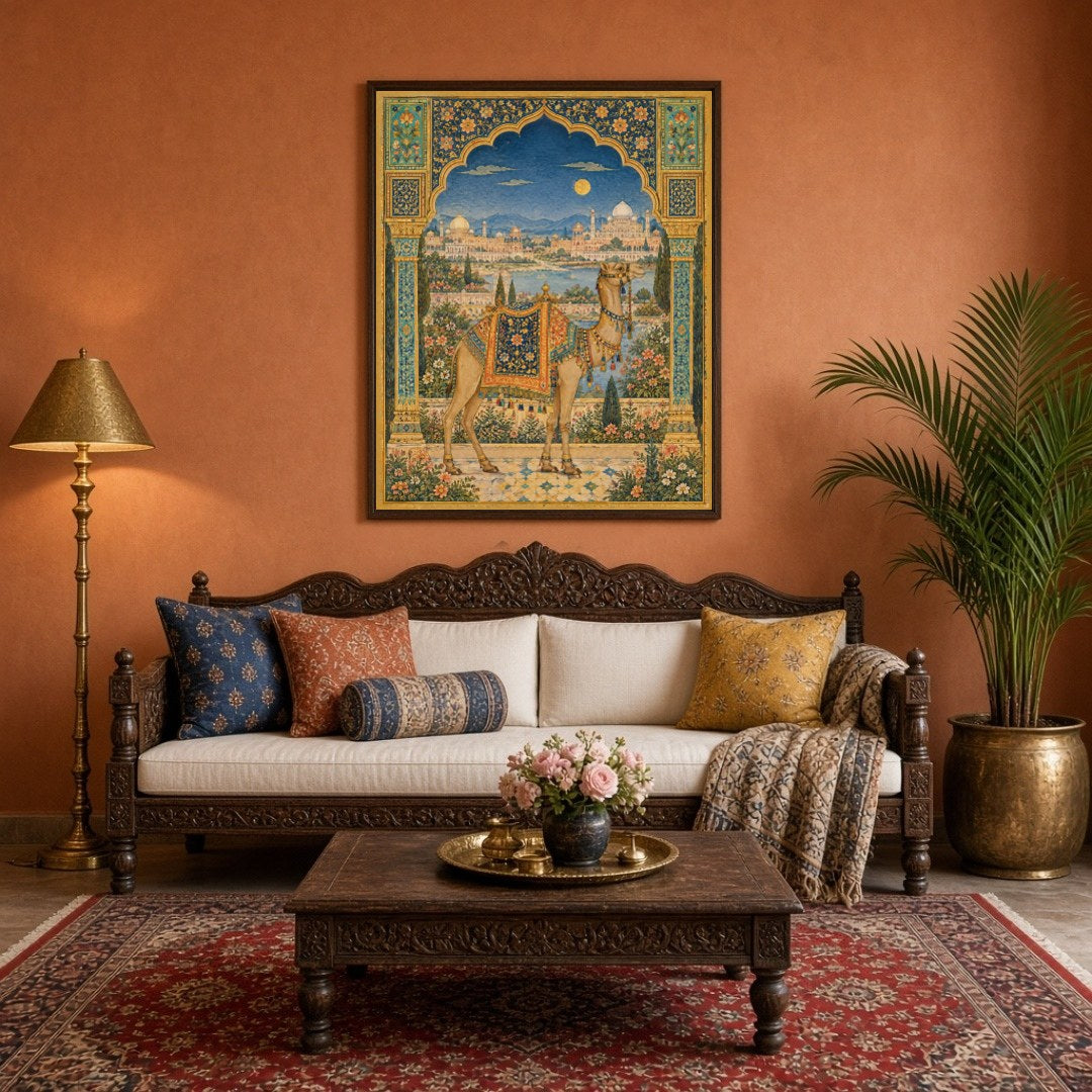 This exquisite Indian Miniature Art Print captures a regal camel adorned with a richly detailed for Living Room