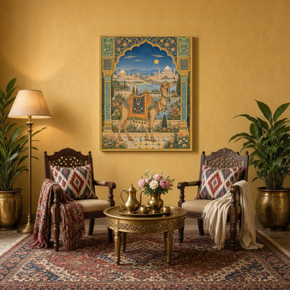 This exquisite Indian Miniature Art Print captures a regal camel adorned with a richly detailed for Sitting Area