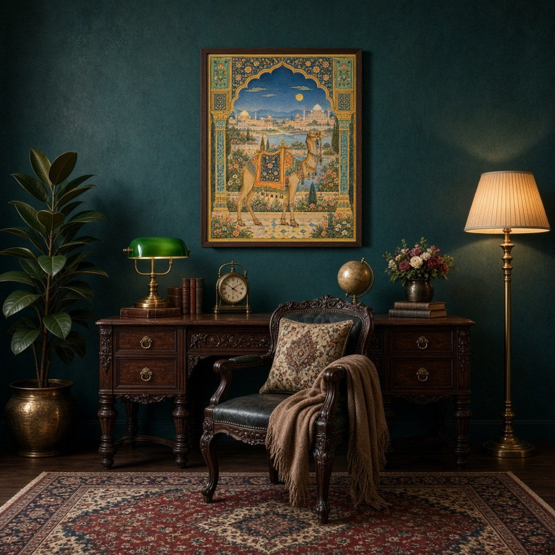 This exquisite Indian Miniature Art Print captures a regal camel adorned with a richly detailed for Study
