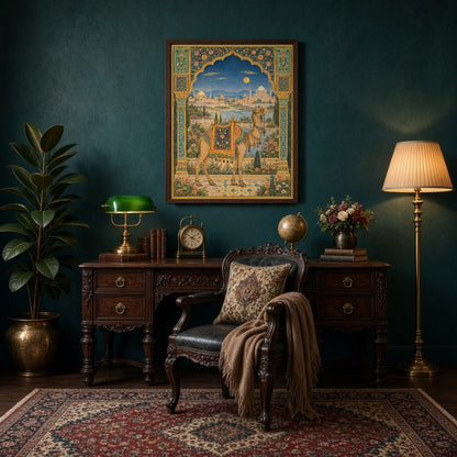 This exquisite Indian Miniature Art Print captures a regal camel adorned with a richly detailed for Study