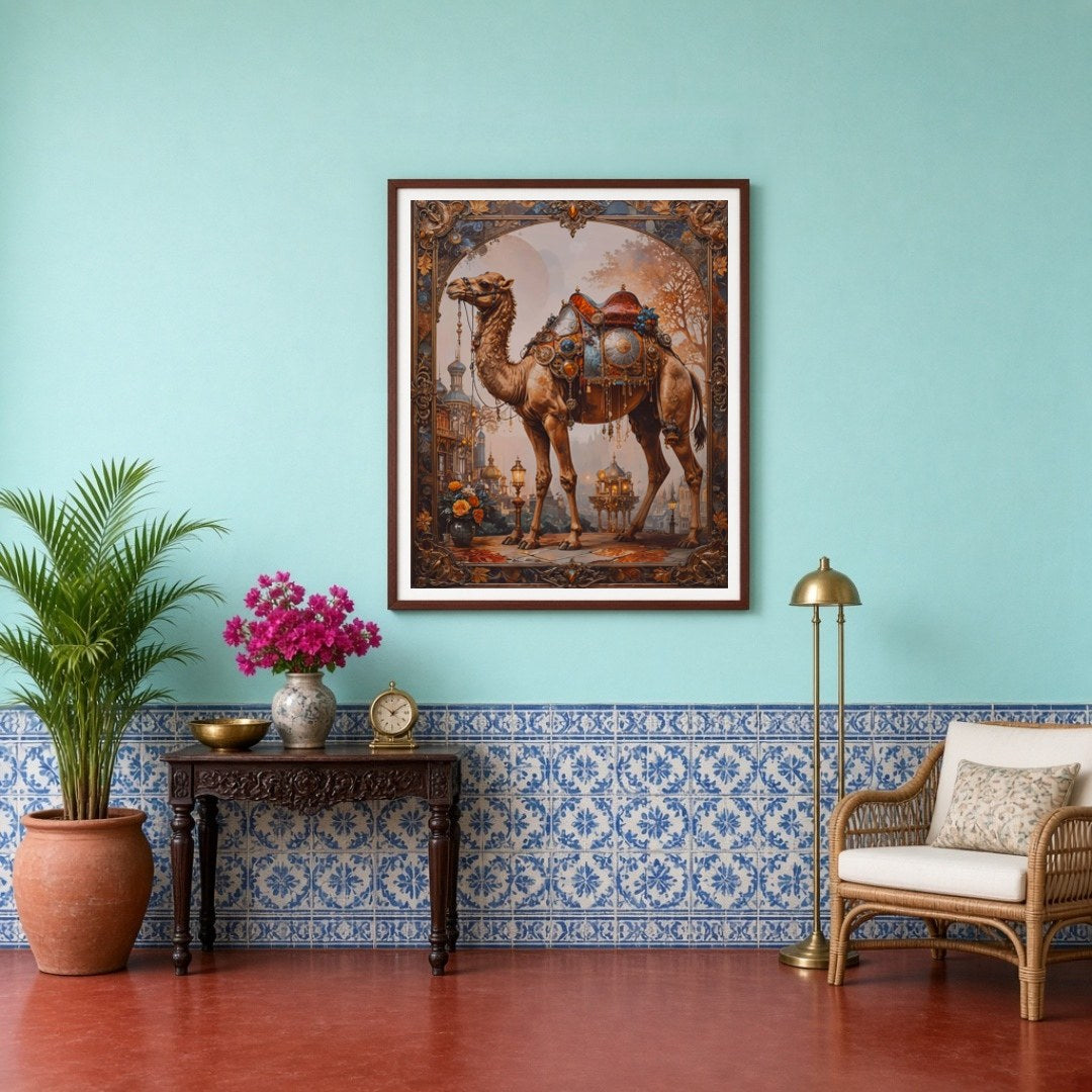 Immerse yourself in the opulence of this art piece featuring a majestic camel adorned with a for Entrance